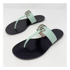 Gucci GG Marmont Mint Green Leather Flat Thong Sandals Womens Size EU 39